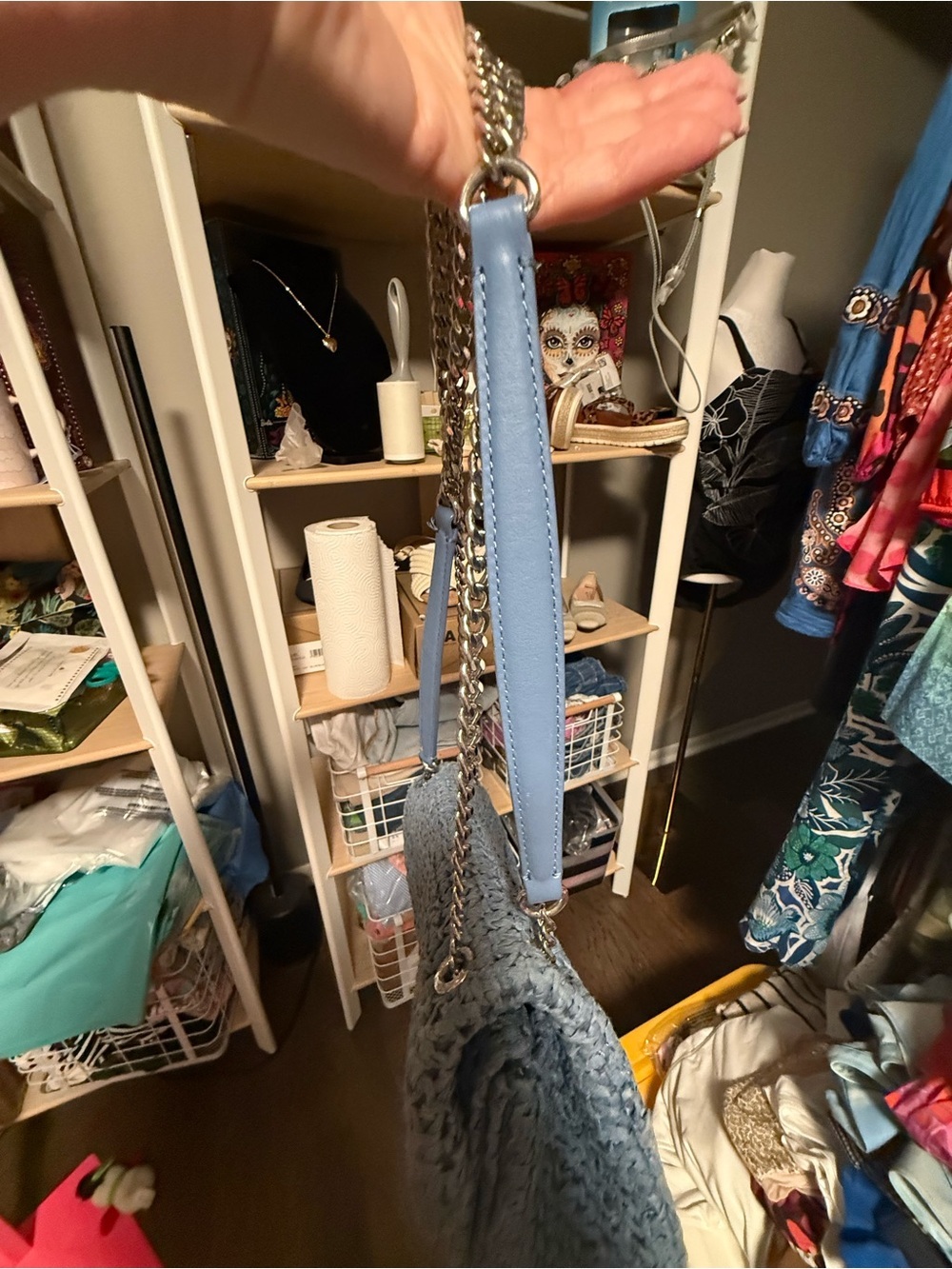 Sandro Paris Yza Raffia Shoulder Bag | Blue Woven Top Handle Purse - Picture 9 of 17